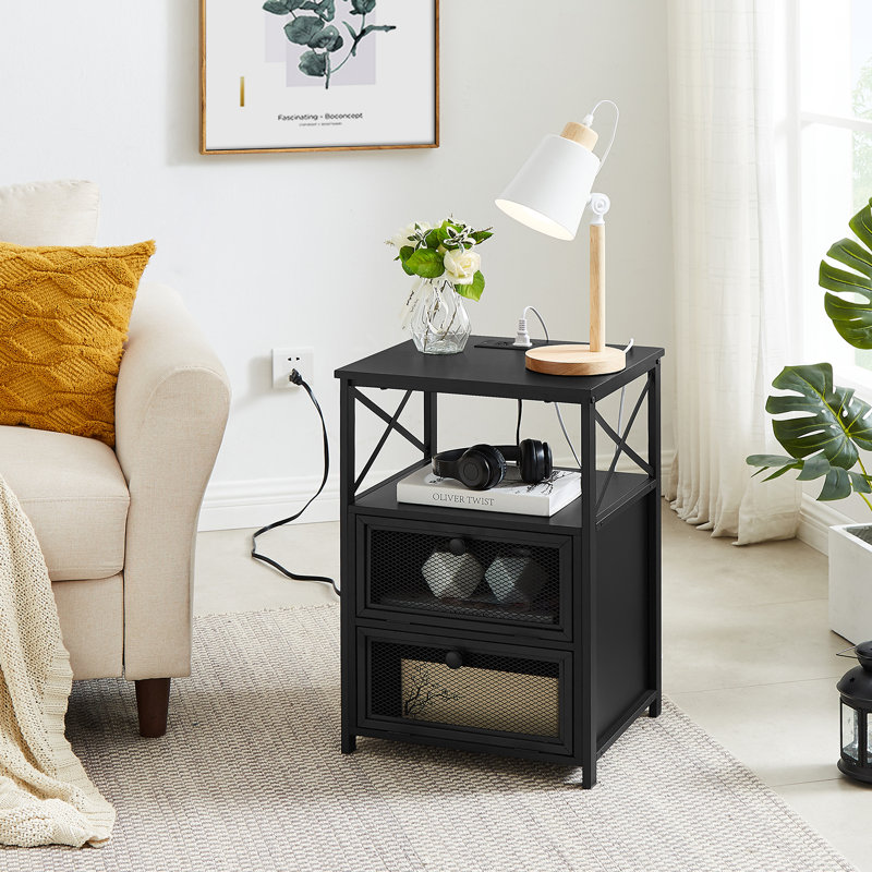 Black outlet Nightstand with Charging Station Industrial End Side Table with USB Ports